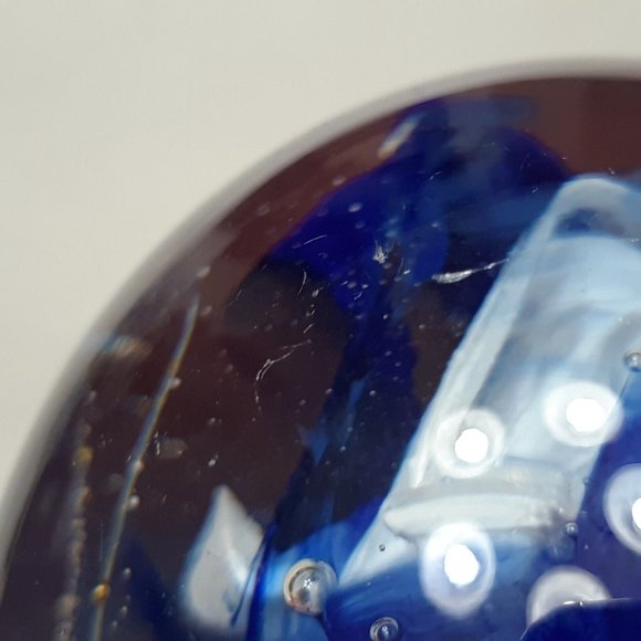 Vintage Kerry Glass Paperweight Round Size Small Blue Swirl Latticinio 3 in Tall - Picture 10 of 10